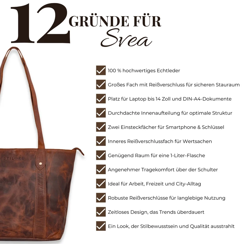 "Svea" Stylishe Leder Shopper Tasche Damen Mittelgroß für Laptop 14"