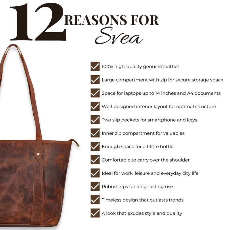 "Svea" Stylishe Leder Shopper Tasche Damen Mittelgroß für Laptop 14"