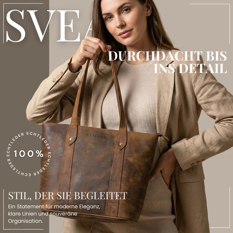 "Svea" Stylishe Leder Shopper Tasche Damen Mittelgroß für Laptop 14"