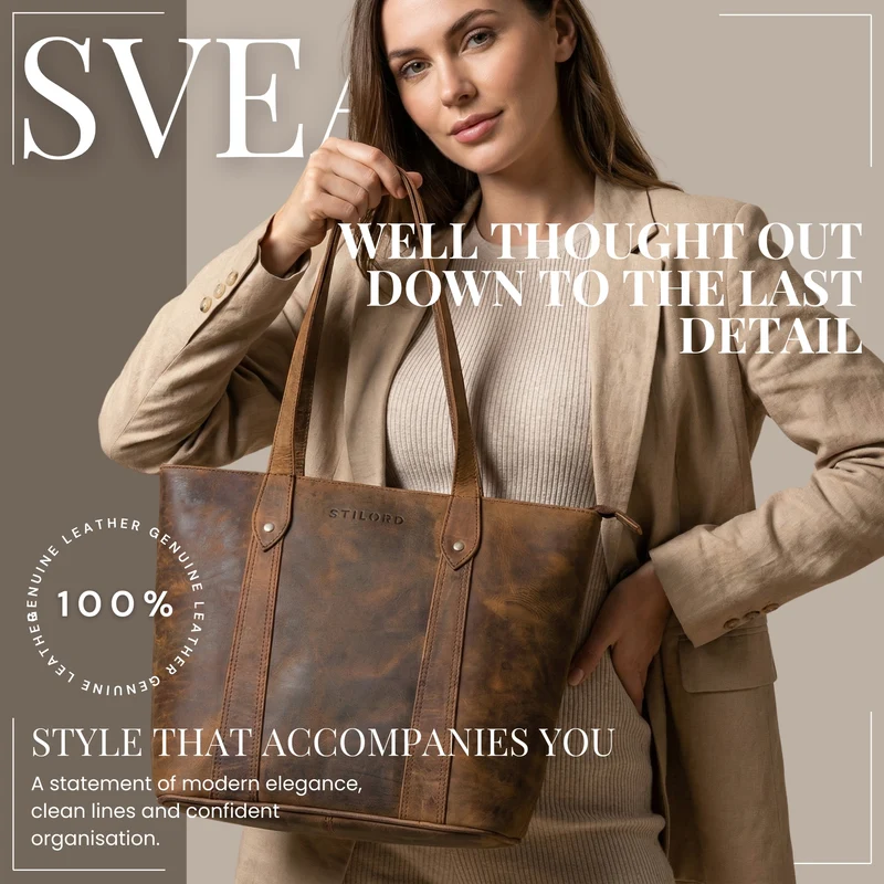 "Svea" Stylishe Leder Shopper Tasche Damen Mittelgroß für Laptop 14"