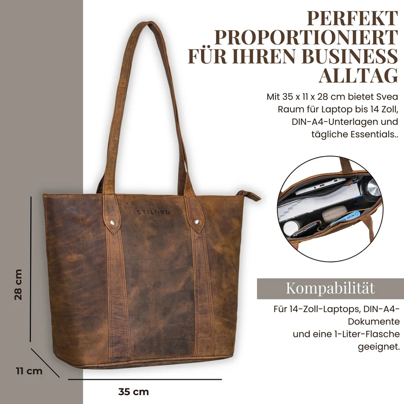 "Svea" Stylishe Leder Shopper Tasche Damen Mittelgroß für Laptop 14"