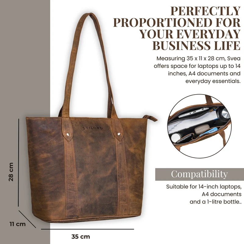 "Svea" Stylishe Leder Shopper Tasche Damen Mittelgroß für Laptop 14"