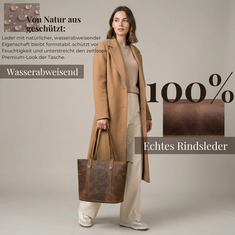 "Svea" Stylishe Leder Shopper Tasche Damen Mittelgroß für Laptop 14"