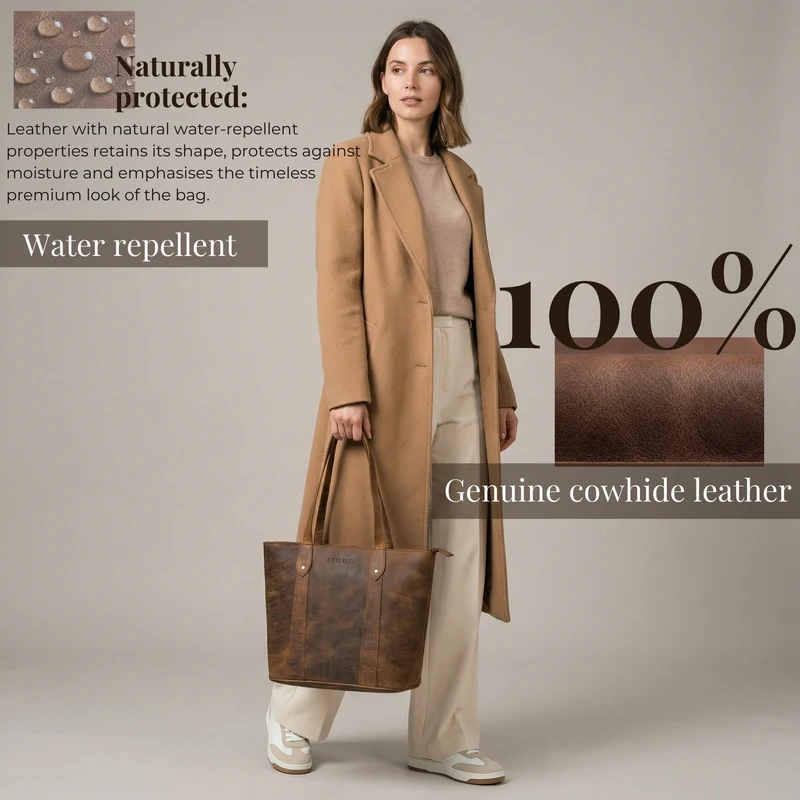 "Svea" Stylishe Leder Shopper Tasche Damen Mittelgroß für Laptop 14"