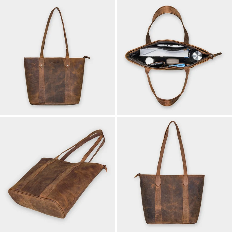 "Svea" Stylishe Leder Shopper Tasche Damen Mittelgroß für Laptop 14"