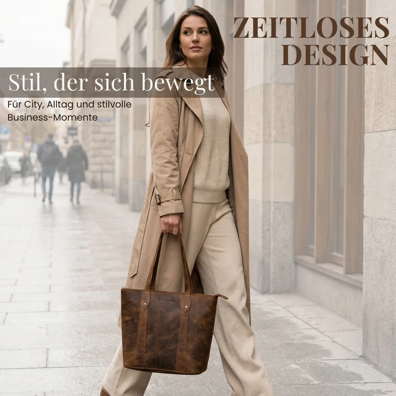 "Svea" Stylishe Leder Shopper Tasche Damen Mittelgroß für Laptop 14"