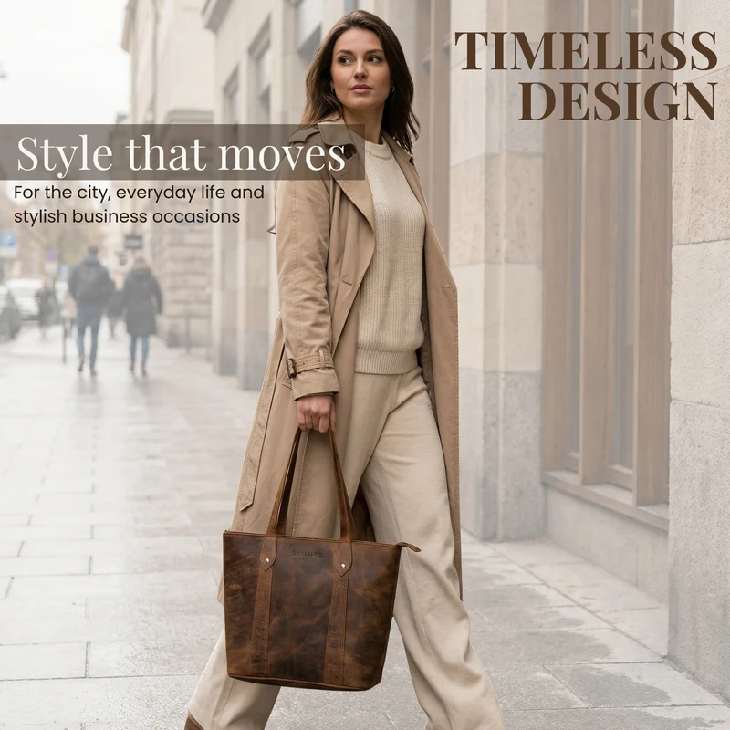 "Svea" Stylishe Leder Shopper Tasche Damen Mittelgroß für Laptop 14"