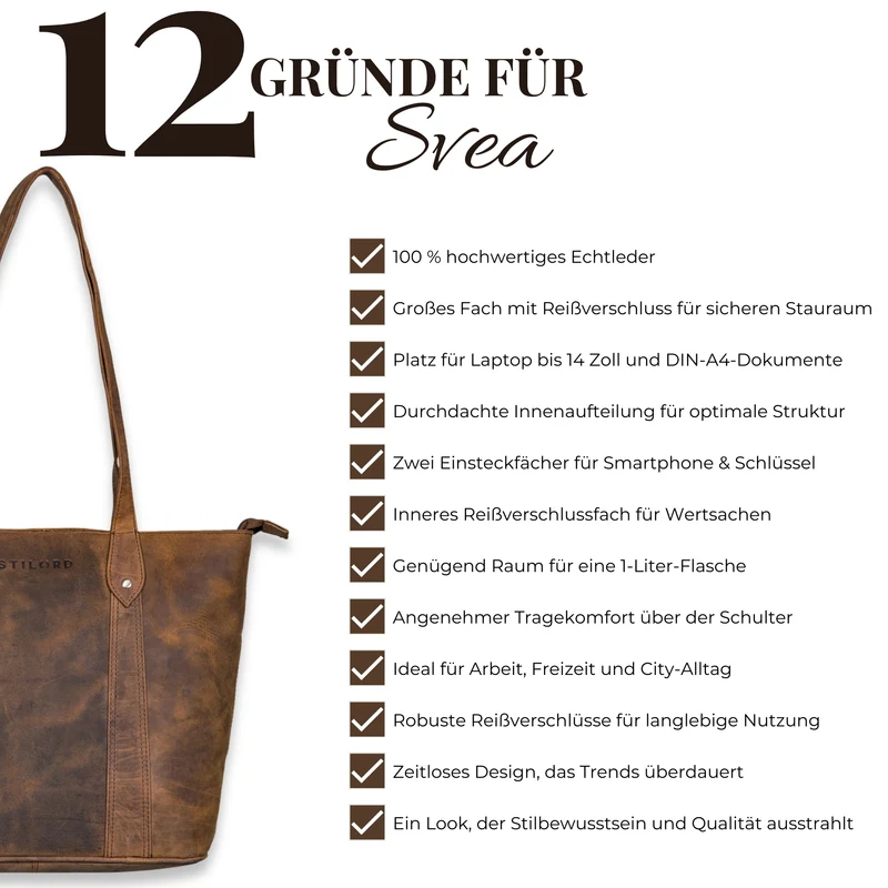 "Svea" Stylishe Leder Shopper Tasche Damen Mittelgroß für Laptop 14"