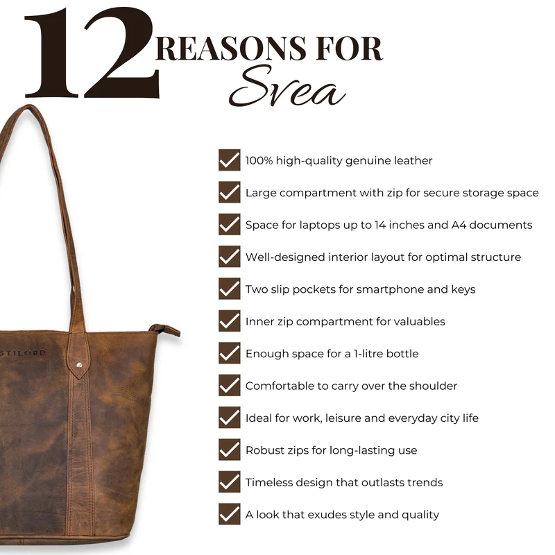 "Svea" Stylishe Leder Shopper Tasche Damen Mittelgroß für Laptop 14"