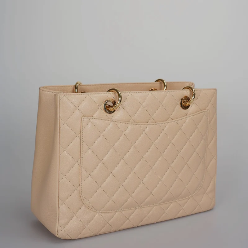Chanel Beige Grand Shopping Tote GST Tasche aus Kaviarleder mit goldener Hardware