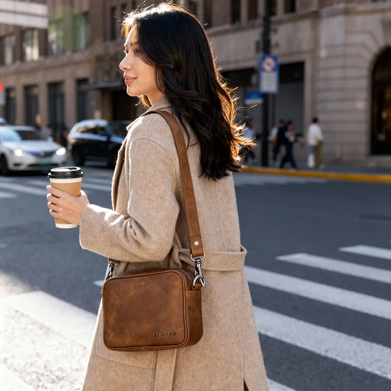 "Tamika" Leder Handtasche Damen Mittelgroß mit breitem Gurt
