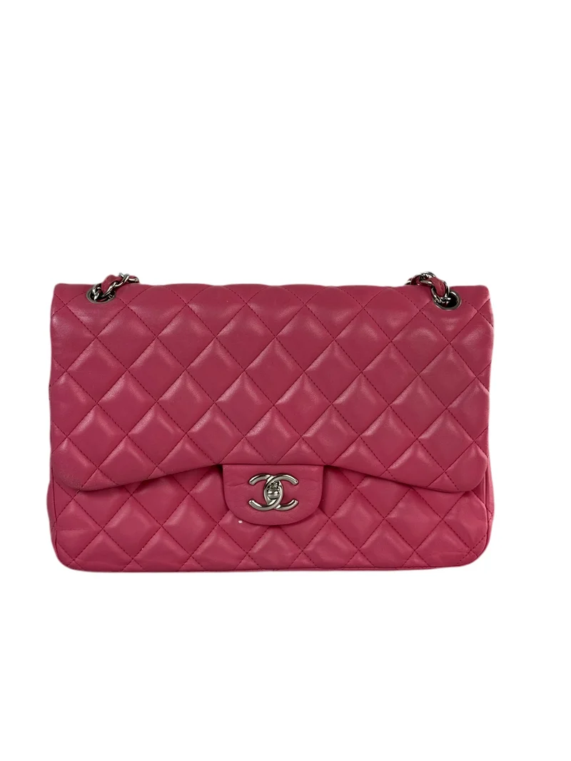 Chanel Pink Classic Double Flap Bag mit silberner Hardware in Jumbo-Größe