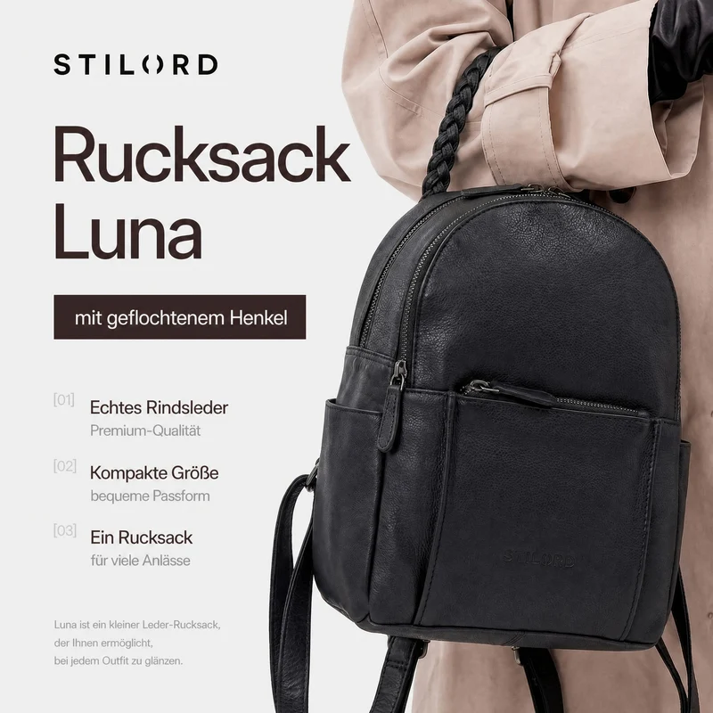 "Luna" Eleganter Leder-Rucksack Damen klein mit geflochtenem Henkel