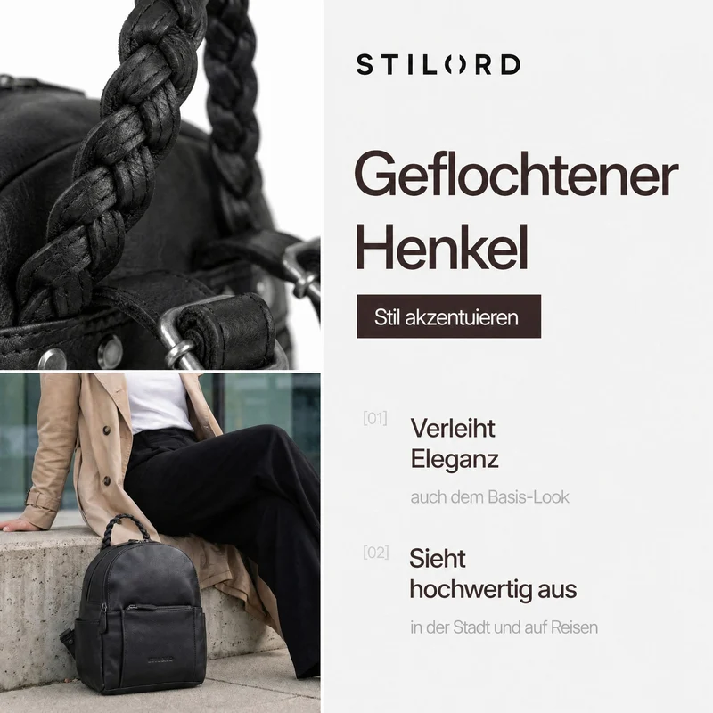 "Luna" Eleganter Leder-Rucksack Damen klein mit geflochtenem Henkel