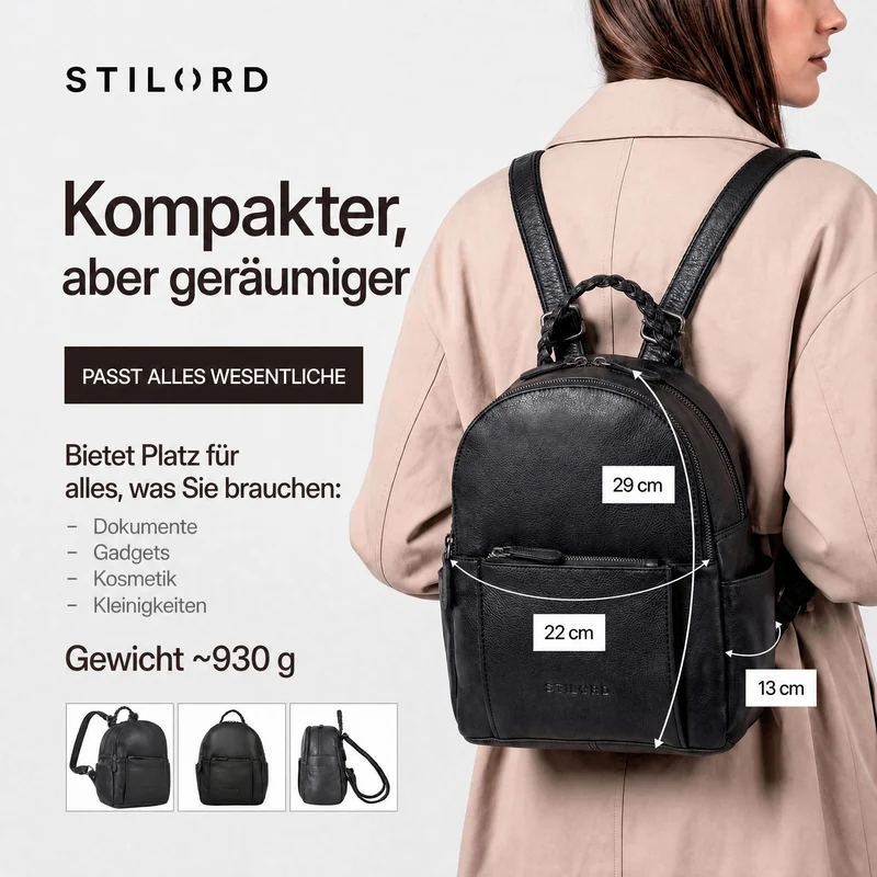 "Luna" Eleganter Leder-Rucksack Damen klein mit geflochtenem Henkel