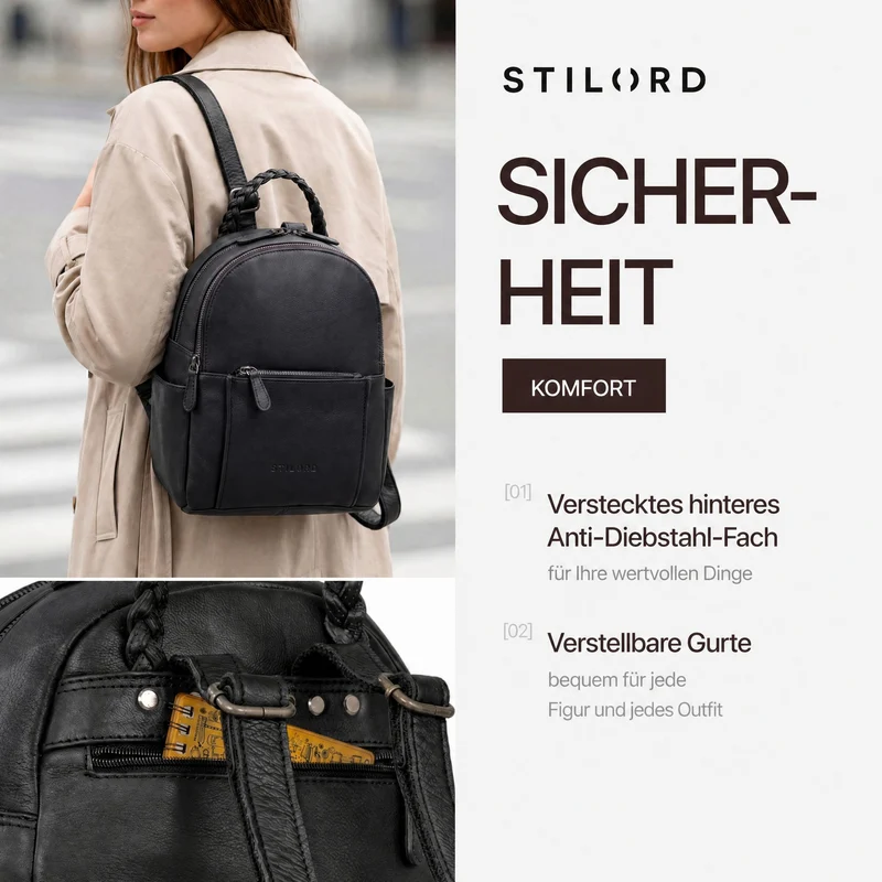 "Luna" Eleganter Leder-Rucksack Damen klein mit geflochtenem Henkel