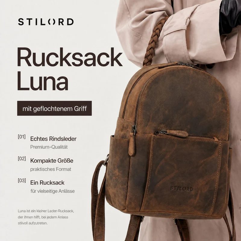 "Luna" Eleganter Leder-Rucksack Damen klein mit geflochtenem Henkel