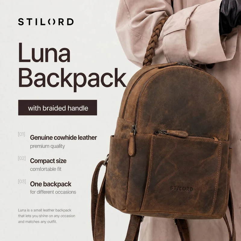 "Luna" Eleganter Leder-Rucksack Damen klein mit geflochtenem Henkel