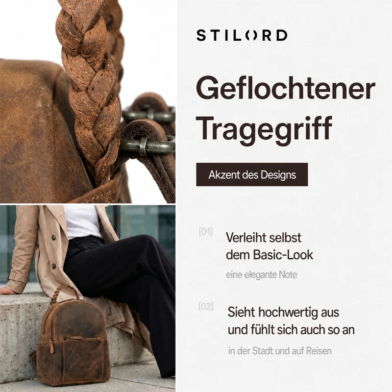 "Luna" Eleganter Leder-Rucksack Damen klein mit geflochtenem Henkel