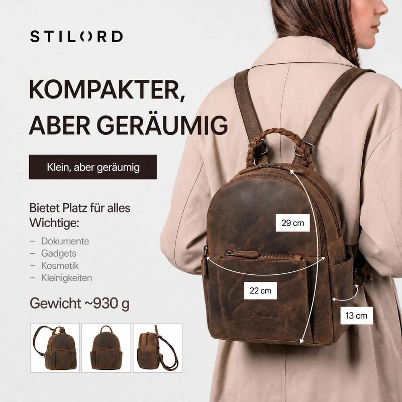 "Luna" Eleganter Leder-Rucksack Damen klein mit geflochtenem Henkel