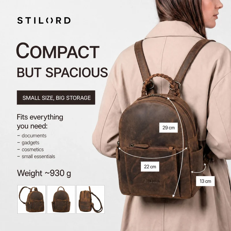 "Luna" Eleganter Leder-Rucksack Damen klein mit geflochtenem Henkel