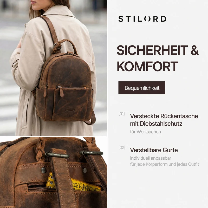 "Luna" Eleganter Leder-Rucksack Damen klein mit geflochtenem Henkel