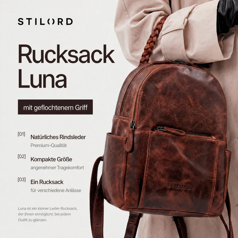 "Luna" Eleganter Leder-Rucksack Damen klein mit geflochtenem Henkel