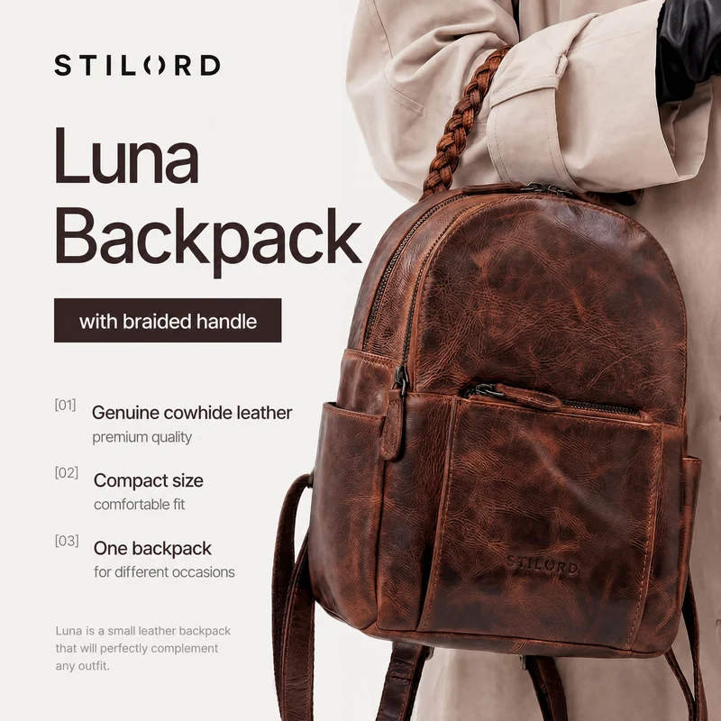 "Luna" Eleganter Leder-Rucksack Damen klein mit geflochtenem Henkel