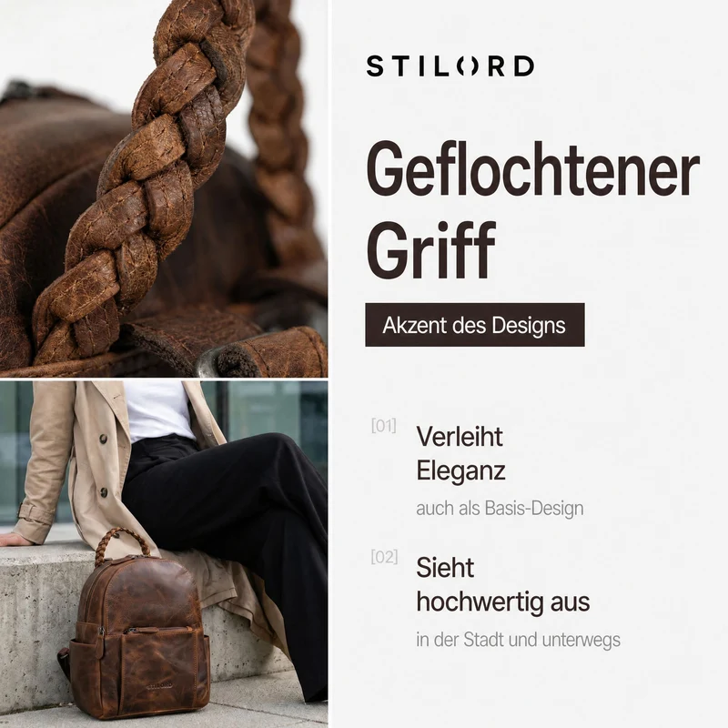"Luna" Eleganter Leder-Rucksack Damen klein mit geflochtenem Henkel