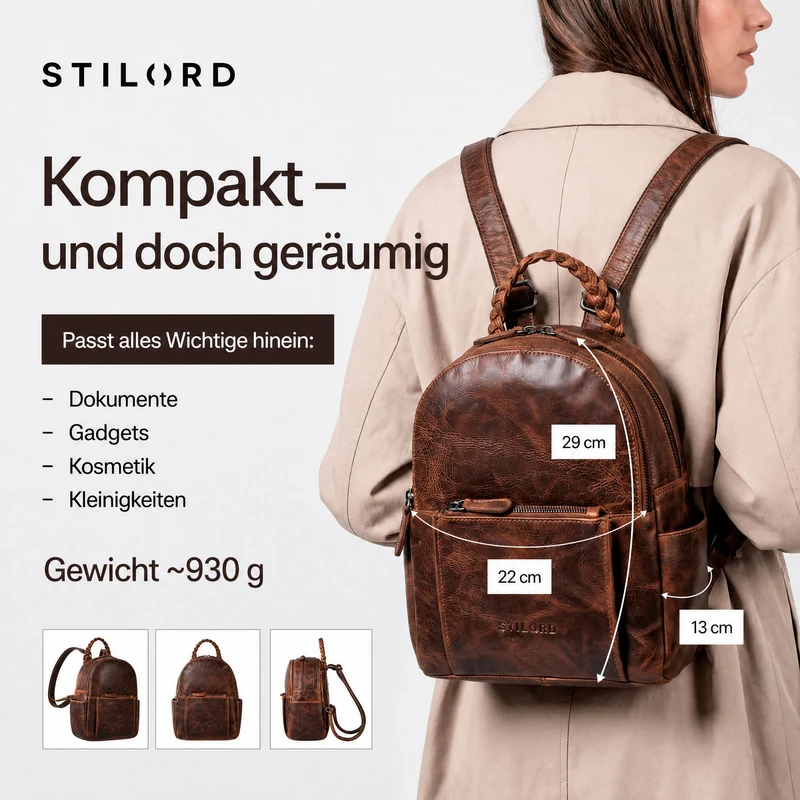 "Luna" Eleganter Leder-Rucksack Damen klein mit geflochtenem Henkel