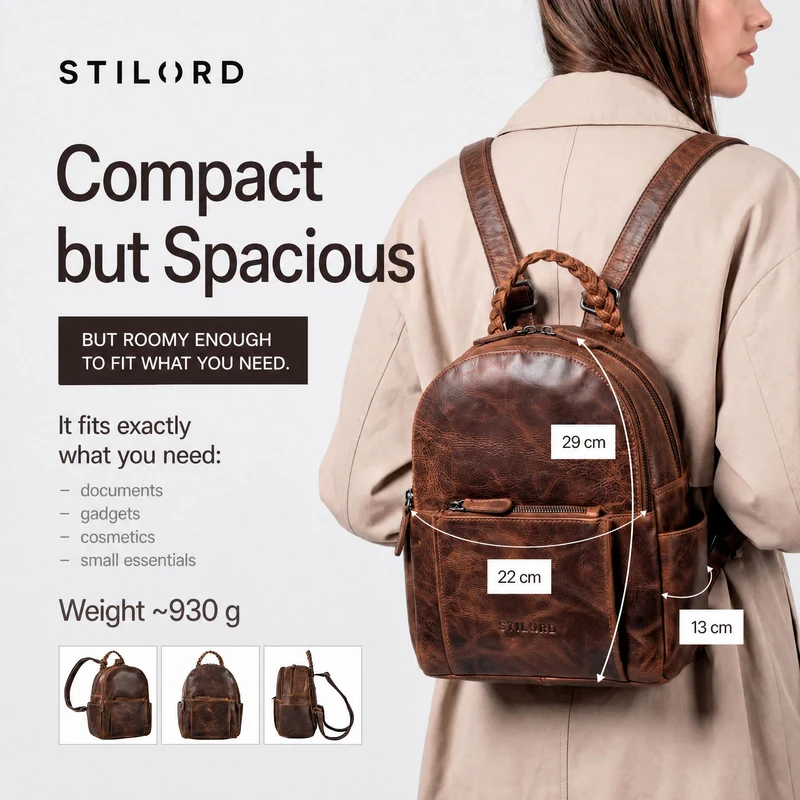 "Luna" Eleganter Leder-Rucksack Damen klein mit geflochtenem Henkel