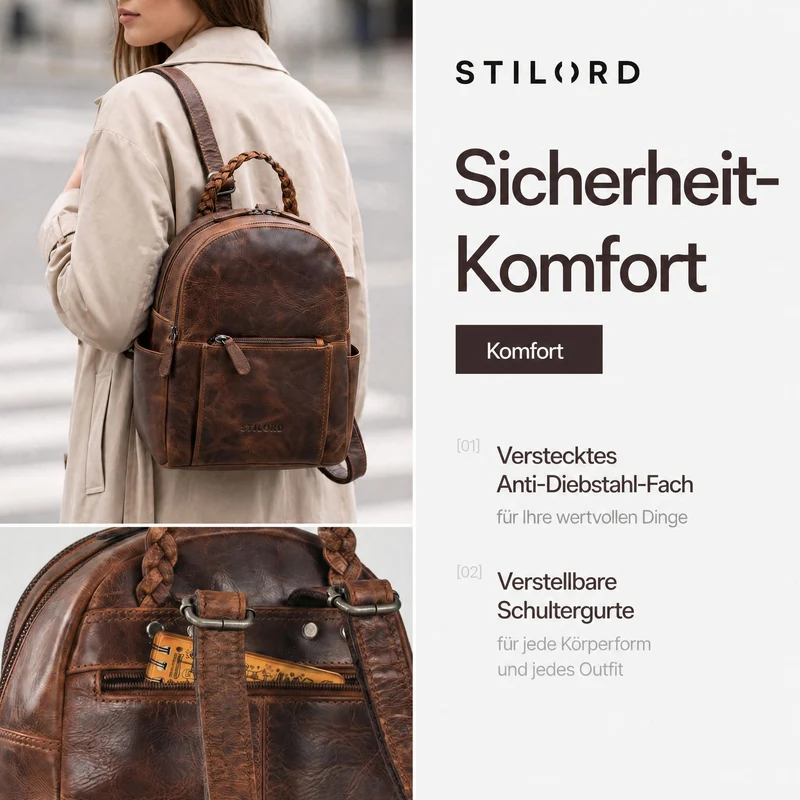 "Luna" Eleganter Leder-Rucksack Damen klein mit geflochtenem Henkel