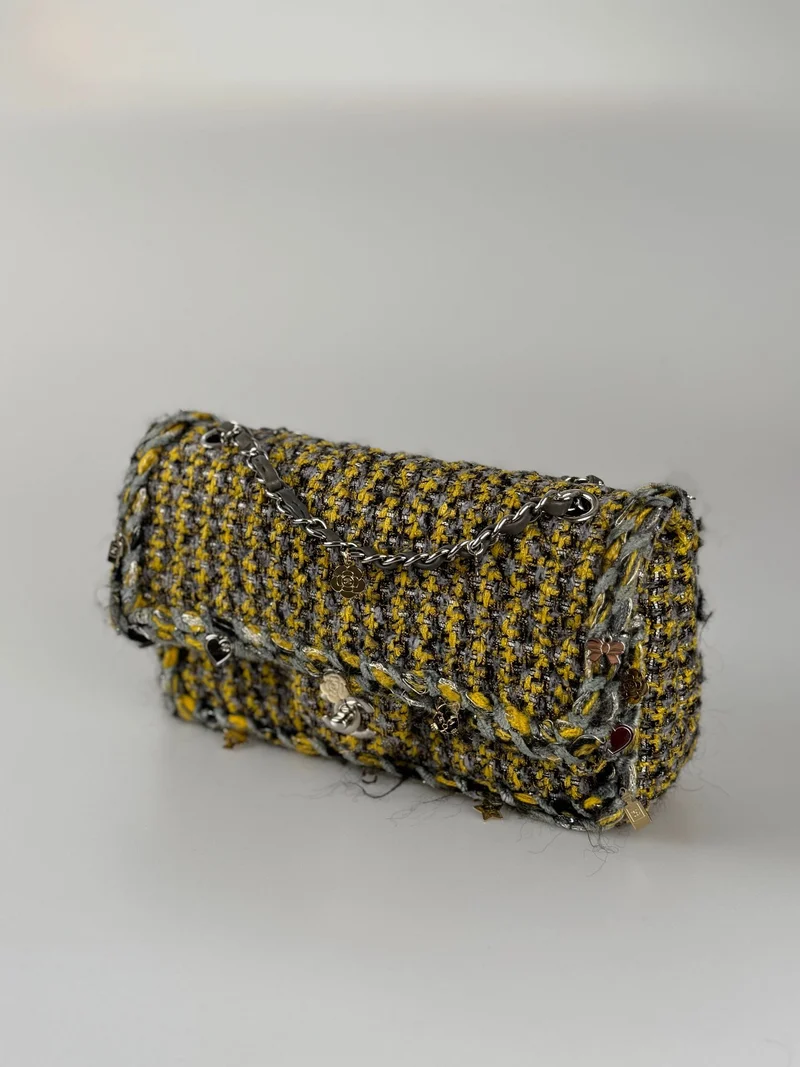 Chanel Tweed Braided Charms Medium Flap Bag Gelb Grau Schwarz