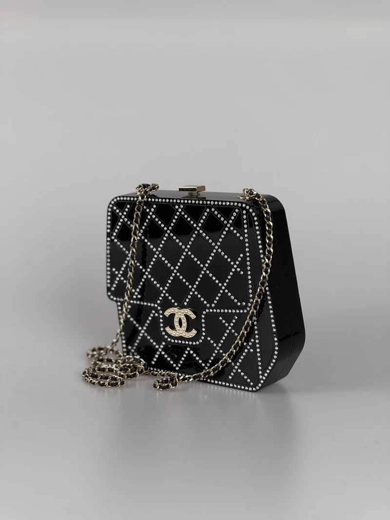 Chanel Runway Schwarze Harz Kristall Perle Abend Clutch Schulterbox Limitierte Auflage