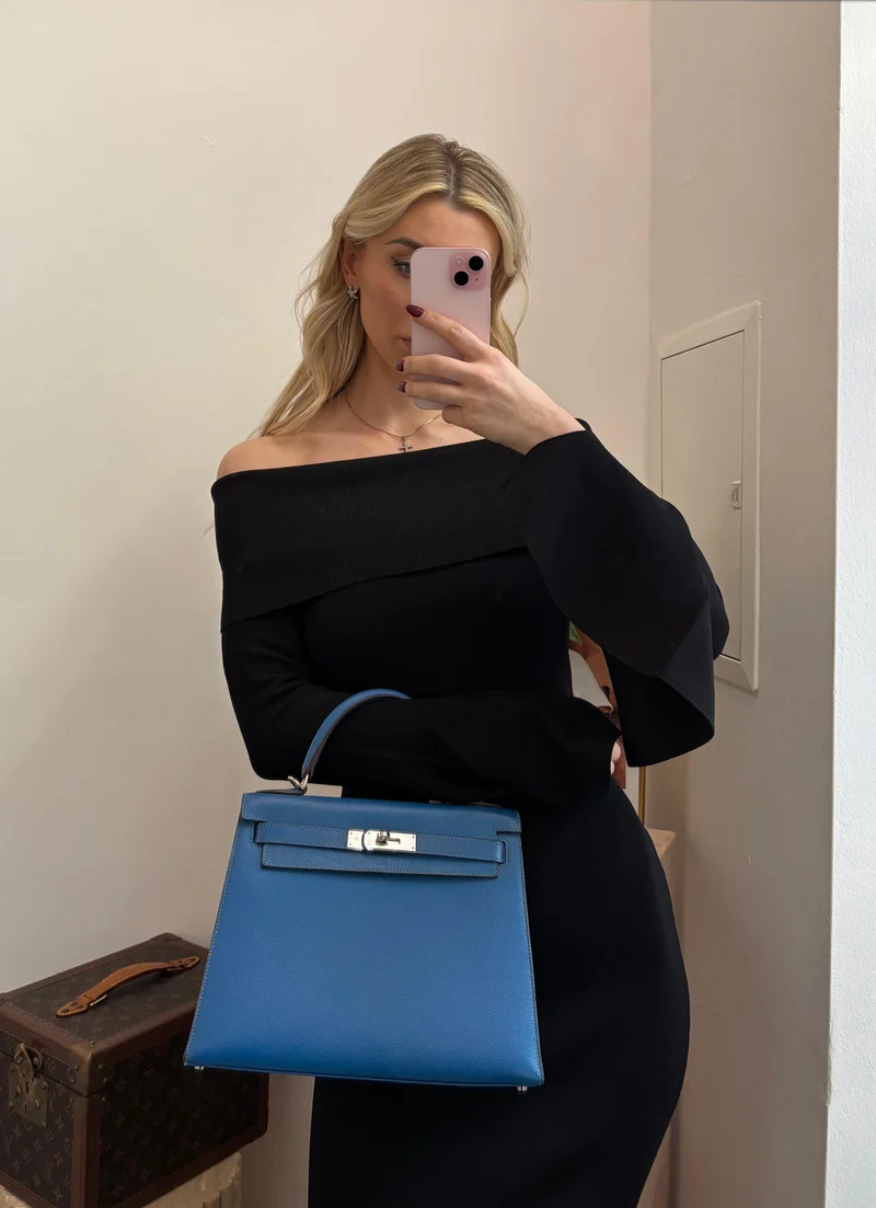Hermes Kelly 28cm Sellier Tasche aus blauem Epsom-Leder mit silberner Hardware