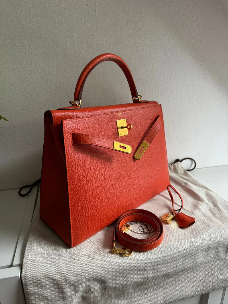 Hermes Orange Kelly 32 Sellier Tasche aus Epsom-Leder mit goldener Hardware