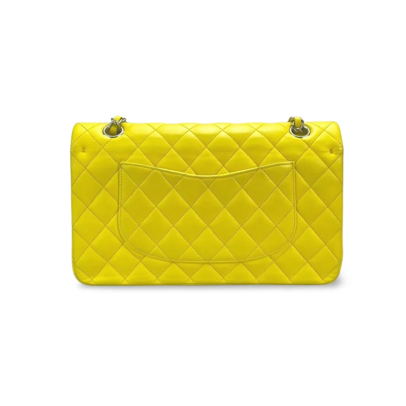 Chanel Gelbe klassische Double Flap Bag Medium aus Lammleder mit silberner Hardware
