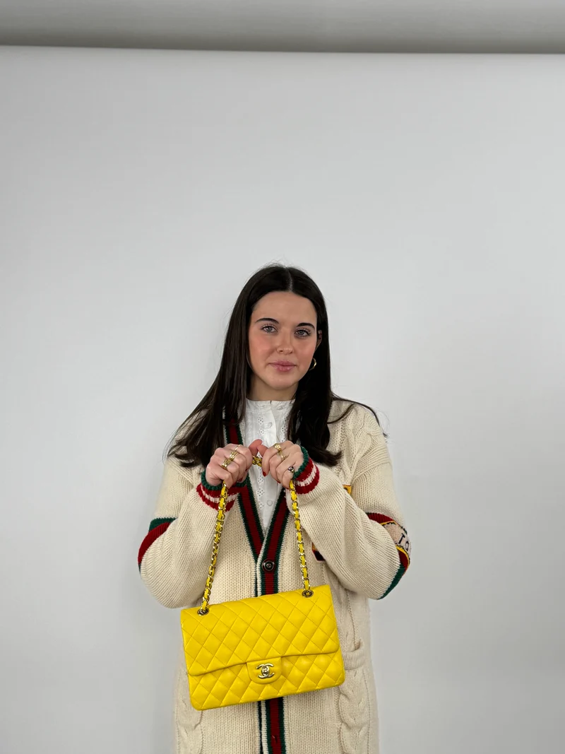 Chanel Gelbe klassische Double Flap Bag Medium aus Lammleder mit silberner Hardware