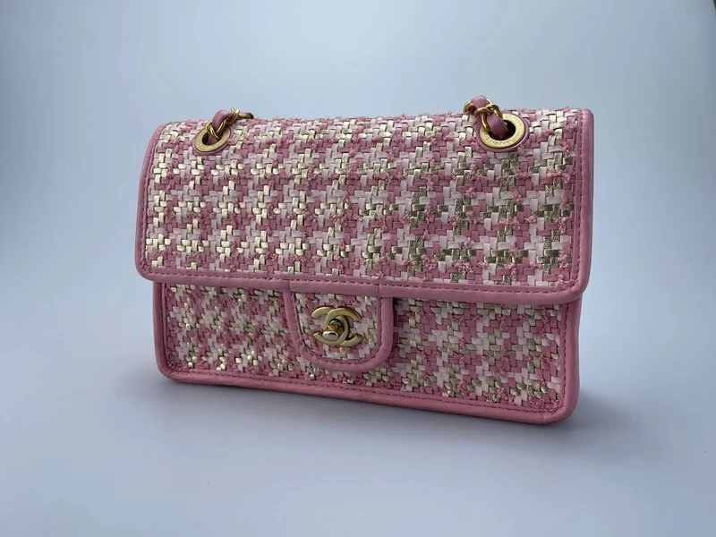 Chanel Classic Single Flap Bag Pink gewebt 23C Gold Hardware