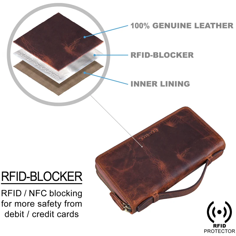 "Sean" Große Geldtasche Herren Leder mit Handgelenk Griff RFID Schutz