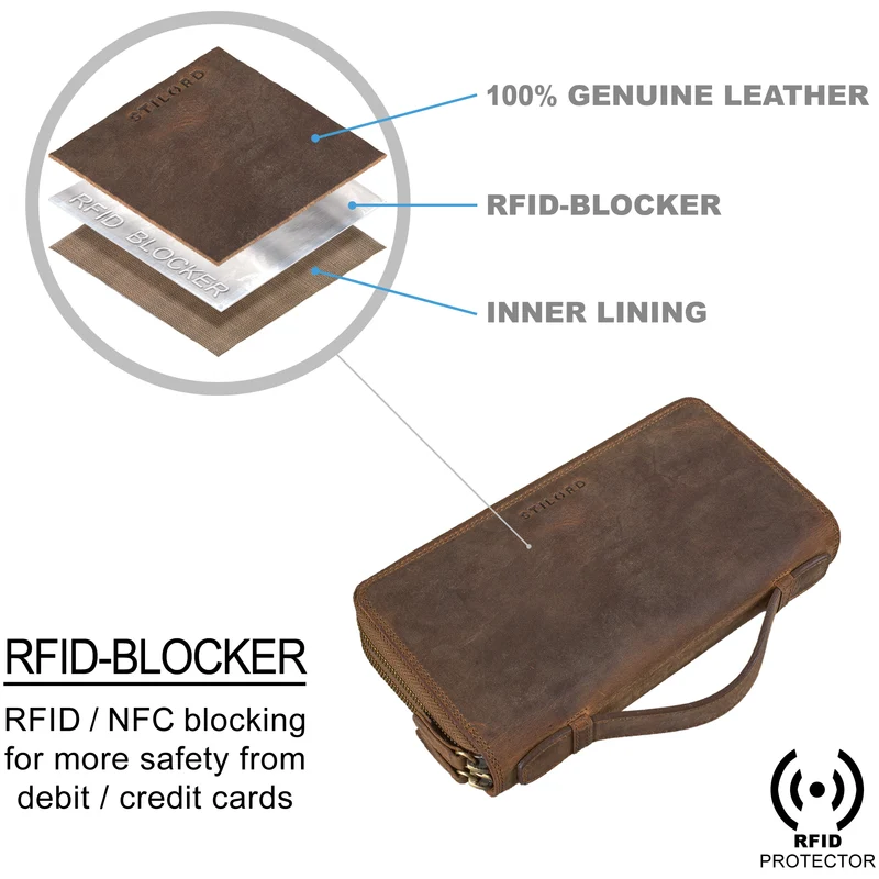 "Sean" Große Geldtasche Herren Leder mit Handgelenk Griff RFID Schutz