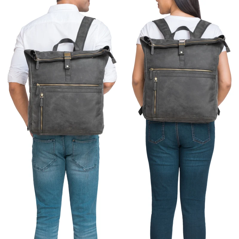 "Edmund" Rolltop Leder-Rucksack, 17 Zoll Laptop-Fach wasserdicht