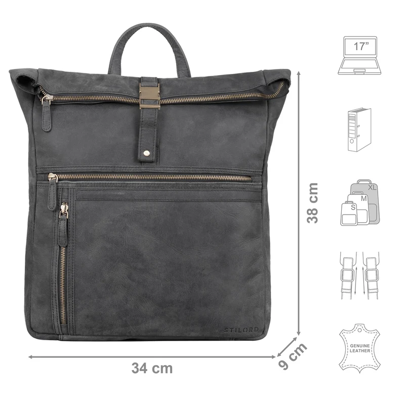 "Edmund" Rolltop Leder-Rucksack, 17 Zoll Laptop-Fach wasserdicht