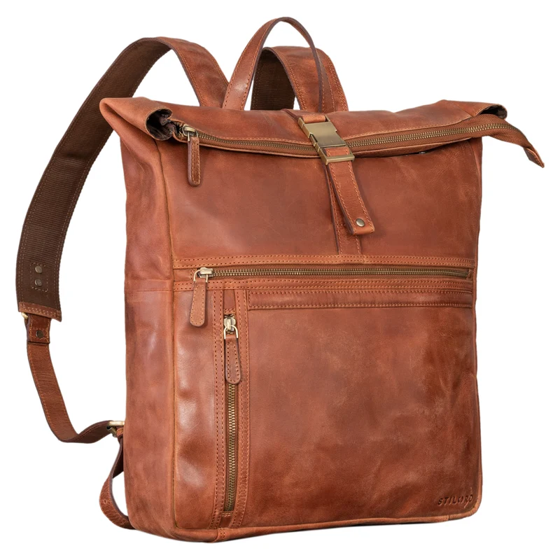 "Edmund" Rolltop Leder-Rucksack, 17 Zoll Laptop-Fach wasserdicht