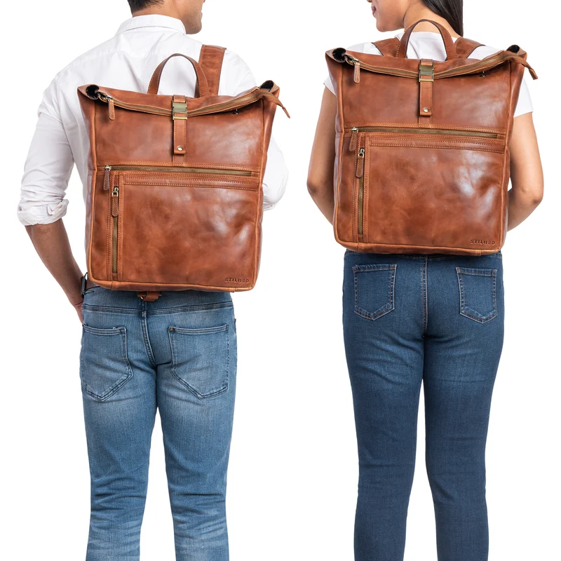 "Edmund" Rolltop Leder-Rucksack, 17 Zoll Laptop-Fach wasserdicht