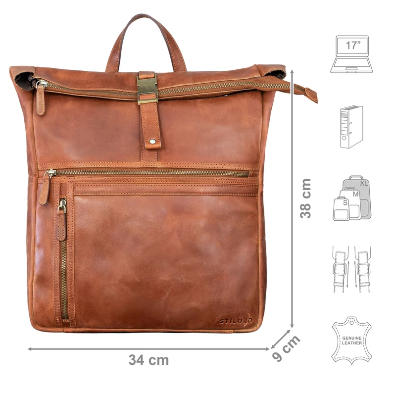 "Edmund" Rolltop Leder-Rucksack, 17 Zoll Laptop-Fach wasserdicht