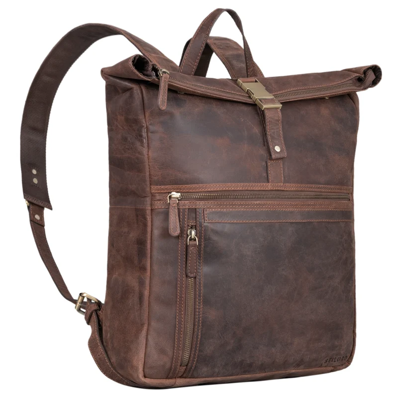 "Edmund" Rolltop Leder-Rucksack, 17 Zoll Laptop-Fach wasserdicht
