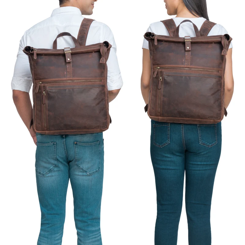 "Edmund" Rolltop Leder-Rucksack, 17 Zoll Laptop-Fach wasserdicht