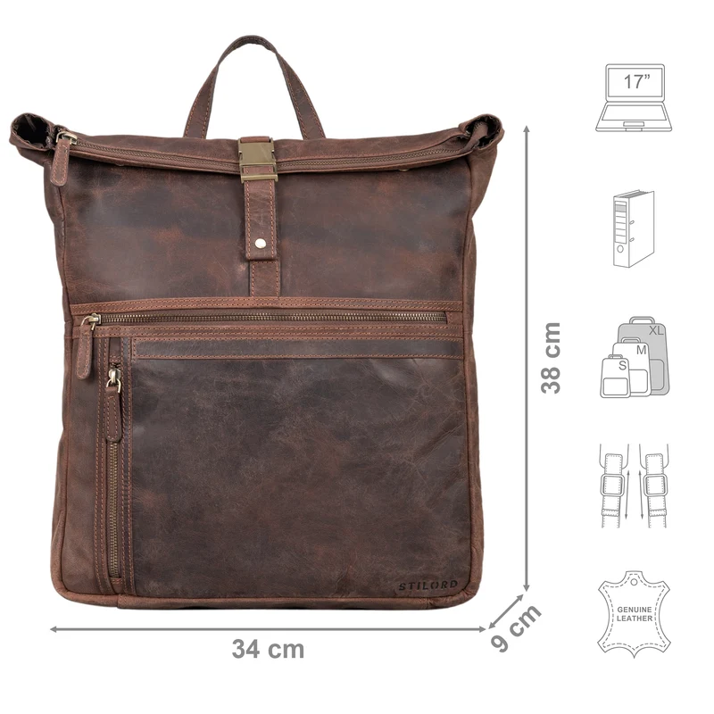 "Edmund" Rolltop Leder-Rucksack, 17 Zoll Laptop-Fach wasserdicht