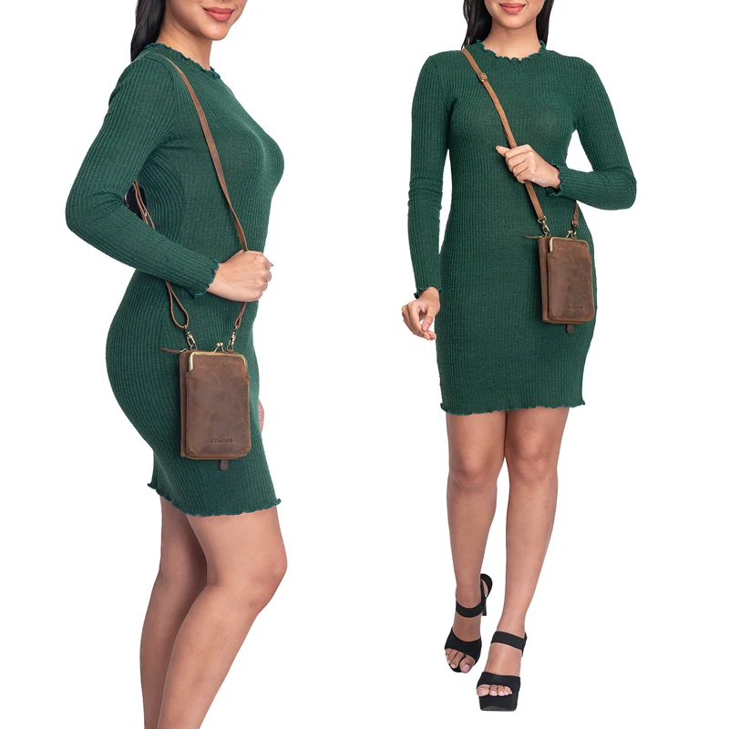 "Brea" Echt-Leder Vintage Damen-Geldbörse mit Handytasche zum Umhängen
